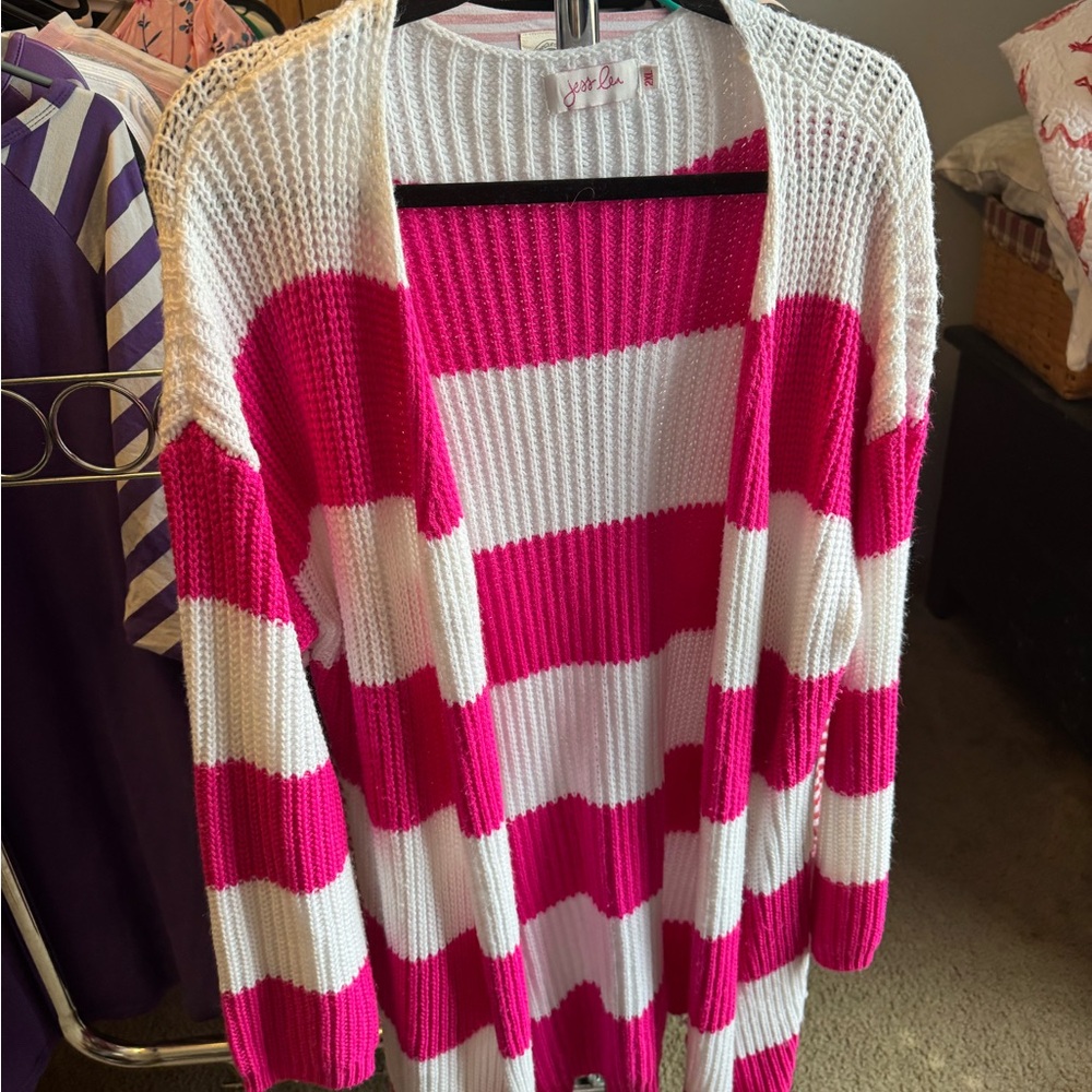 Pink and White Striped Women's Cardigan